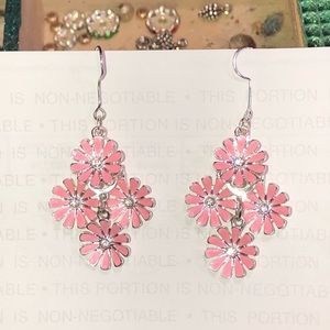 Dangle pink flower earrings silver crystal 2-2.5”